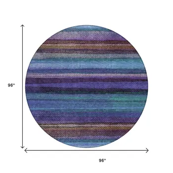 8' Blue Purple And Taupe Round Striped Washable Indoor Outdoor Area Rug