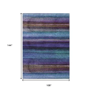 9' X 12' Blue Purple And Taupe Striped Washable Indoor Outdoor Area Rug