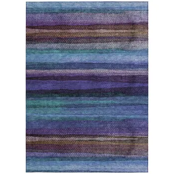 10' X 14' Blue Purple And Taupe Striped Washable Indoor Outdoor Area Rug