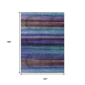 10' X 14' Blue Purple And Taupe Striped Washable Indoor Outdoor Area Rug