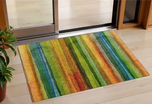 3' X 5' Green Teal Blue And Copper Striped Washable Indoor Outdoor Area Rug