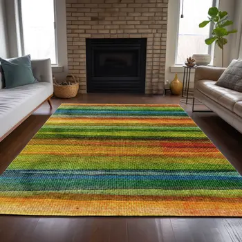 3' X 5' Green Teal Blue And Copper Striped Washable Indoor Outdoor Area Rug