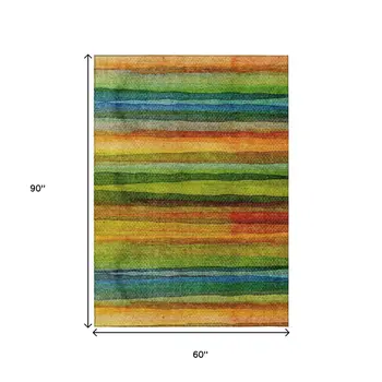 5' X 8' Green Teal Blue And Copper Striped Washable Indoor Outdoor Area Rug
