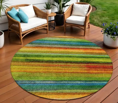 8' Green Teal Blue And Copper Round Striped Washable Indoor Outdoor Area Rug