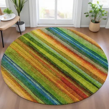 8' Green Teal Blue And Copper Round Striped Washable Indoor Outdoor Area Rug