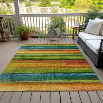8' X 10' Green Teal Blue And Copper Striped Washable Indoor Outdoor Area Rug