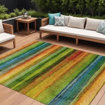 9' X 12' Green Teal Blue And Copper Striped Washable Indoor Outdoor Area Rug