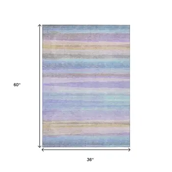 3' X 5' Lavender Sky Blue And Beige Striped Washable Indoor Outdoor Area Rug