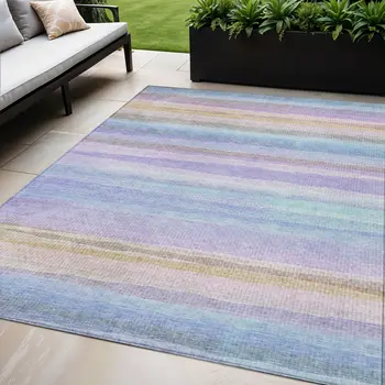 5' X 8' Lavender Sky Blue And Beige Striped Washable Indoor Outdoor Area Rug
