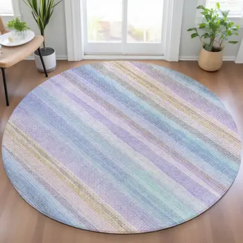 8' Lavender Sky Blue And Beige Round Striped Washable Indoor Outdoor Area Rug