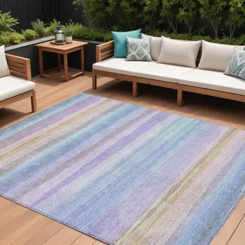 8' X 10' Lavender Sky Blue And Beige Striped Washable Indoor Outdoor Area Rug