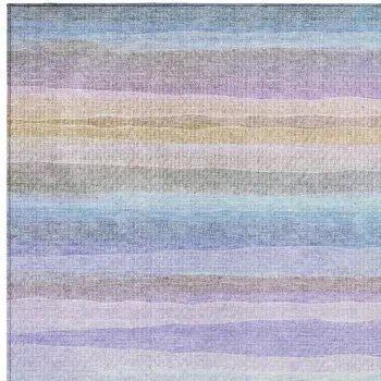 9' X 12' Lavender Sky Blue And Beige Striped Washable Indoor Outdoor Area Rug