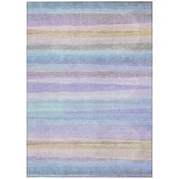 9' X 12' Lavender Sky Blue And Beige Striped Washable Indoor Outdoor Area Rug