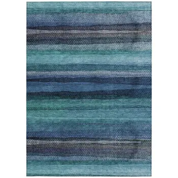 3' X 5' Teal Blue Aqua And Navy Blue Striped Washable Indoor Outdoor Area Rug