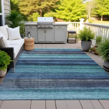 3' X 5' Teal Blue Aqua And Navy Blue Striped Washable Indoor Outdoor Area Rug
