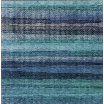 5' X 8' Teal Blue Aqua And Navy Blue Striped Washable Indoor Outdoor Area Rug