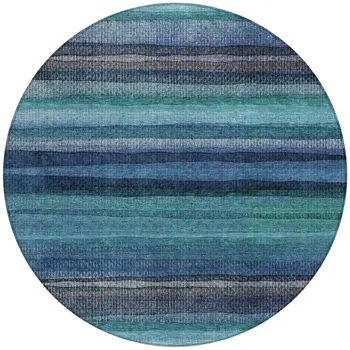 8' Teal Blue Aqua And Navy Blue Round Striped Washable Indoor Outdoor Area Rug