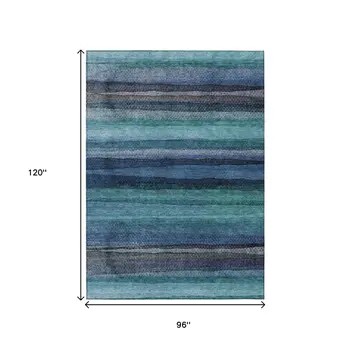 8' X 10' Teal Blue Aqua And Navy Blue Striped Washable Indoor Outdoor Area Rug