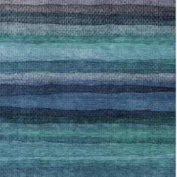 8' X 10' Teal Blue Aqua And Navy Blue Striped Washable Indoor Outdoor Area Rug