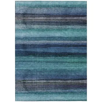 8' X 10' Teal Blue Aqua And Navy Blue Striped Washable Indoor Outdoor Area Rug