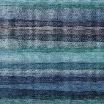 9' X 12' Teal Blue Aqua And Navy Blue Striped Washable Indoor Outdoor Area Rug