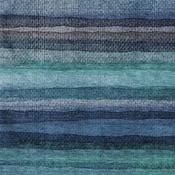 9' X 12' Teal Blue Aqua And Navy Blue Striped Washable Indoor Outdoor Area Rug