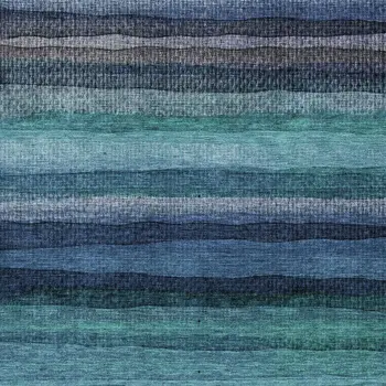 10' X 14' Teal Blue Aqua And Navy Blue Striped Washable Indoor Outdoor Area Rug