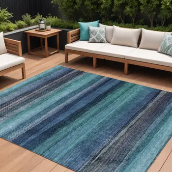 10' X 14' Teal Blue Aqua And Navy Blue Striped Washable Indoor Outdoor Area Rug