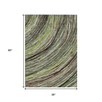 3' X 5' Artichoke Green Brown And Ivory Abstract Washable Indoor Outdoor Area Rug