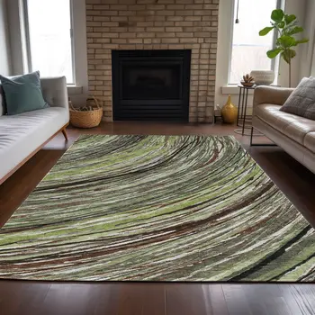3' X 5' Artichoke Green Brown And Ivory Abstract Washable Indoor Outdoor Area Rug