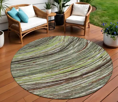 8' Artichoke Green Brown And Ivory Round Abstract Washable Indoor Outdoor Area Rug