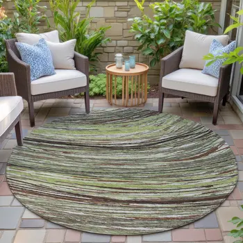 8' Artichoke Green Brown And Ivory Round Abstract Washable Indoor Outdoor Area Rug