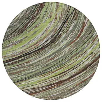 8' Artichoke Green Brown And Ivory Round Abstract Washable Indoor Outdoor Area Rug