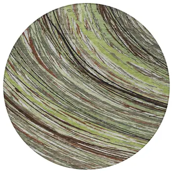 8' Artichoke Green Brown And Ivory Round Abstract Washable Indoor Outdoor Area Rug