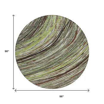 8' Artichoke Green Brown And Ivory Round Abstract Washable Indoor Outdoor Area Rug