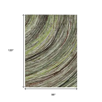 8' X 10' Artichoke Green Brown And Ivory Abstract Washable Indoor Outdoor Area Rug