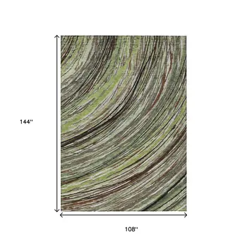 9' X 12' Artichoke Green Brown And Ivory Abstract Washable Indoor Outdoor Area Rug