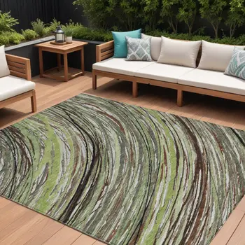 9' X 12' Artichoke Green Brown And Ivory Abstract Washable Indoor Outdoor Area Rug
