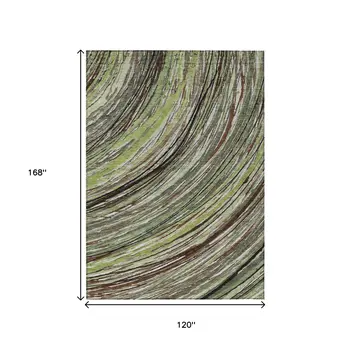 10' X 14' Artichoke Green Brown And Ivory Abstract Washable Indoor Outdoor Area Rug