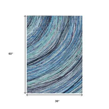 3' X 5' Blue Aqua And Ivory Abstract Washable Indoor Outdoor Area Rug