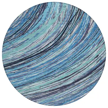 8' Blue Aqua And Ivory Round Abstract Washable Indoor Outdoor Area Rug