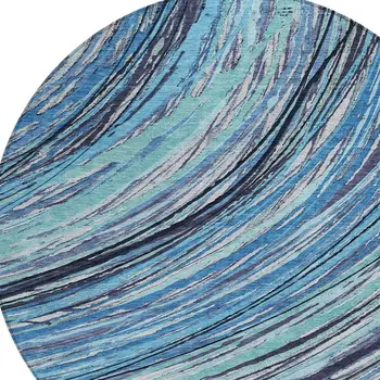 8' Blue Aqua And Ivory Round Abstract Washable Indoor Outdoor Area Rug
