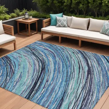 8' X 10' Blue Aqua And Ivory Abstract Washable Indoor Outdoor Area Rug