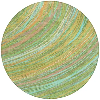 8' Green Peach And Gold Round Abstract Washable Indoor Outdoor Area Rug