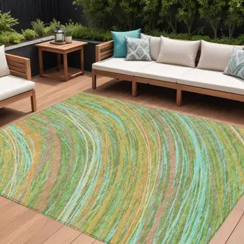 10' X 14' Green Peach And Gold Abstract Washable Indoor Outdoor Area Rug