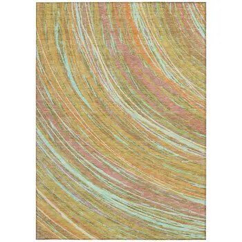 3' X 5' Gold Sky Blue And Coral Abstract Washable Indoor Outdoor Area Rug