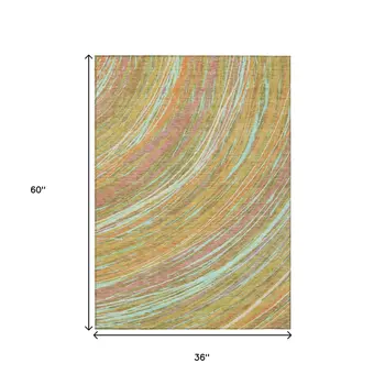 3' X 5' Gold Sky Blue And Coral Abstract Washable Indoor Outdoor Area Rug