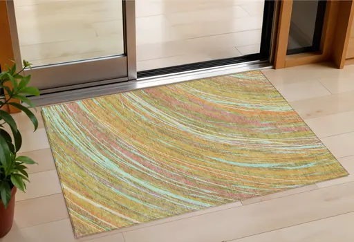 3' X 5' Gold Sky Blue And Coral Abstract Washable Indoor Outdoor Area Rug