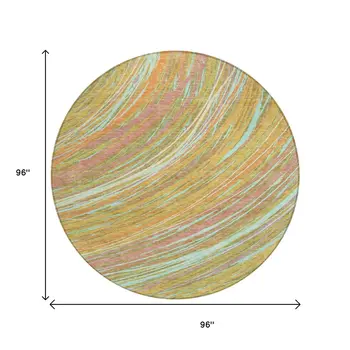 8' Gold Sky Blue And Coral Round Abstract Washable Indoor Outdoor Area Rug