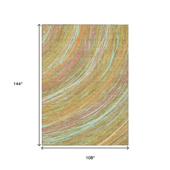 9' X 12' Gold Sky Blue And Coral Abstract Washable Indoor Outdoor Area Rug